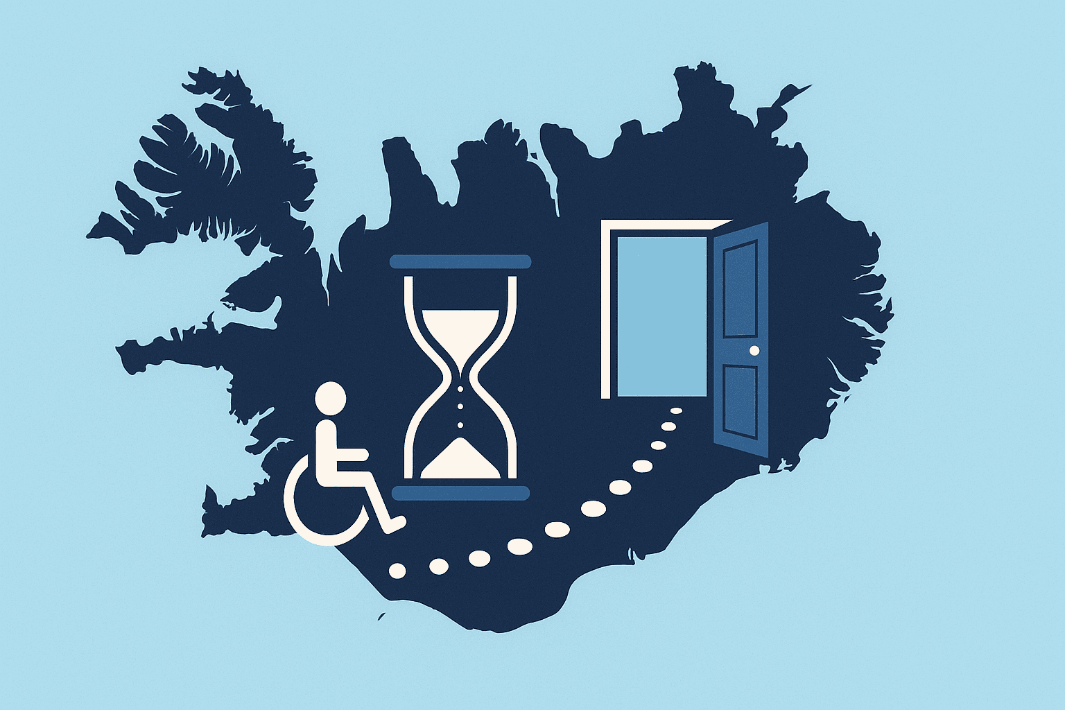 „Ísland – bið eftir NPA og leið að frelsi“ „Táknræn mynd af Íslandi: útlínur landsins með stundaglsi, punktalínu og opnum dyrum við aðgengistákn — vísar til langrar biðar eftir NPA og leiðar að frelsi.“