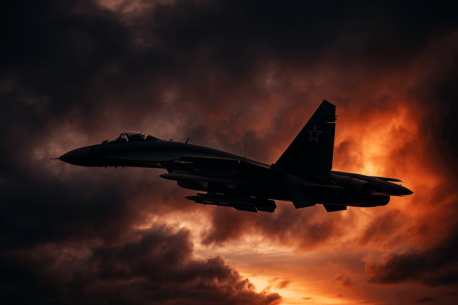 Rússnesk Su-35 herþota flýgur í dramatískum kvöldhimmni með rauðleitum skýjum í bakgrunni.