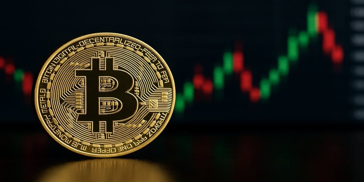 „Gylltur Bitcoin peningur á borði með óskýrðum rauðum og grænum markaðsgrafi í bakgrunni – táknar sveiflur í verðmætum og fjármálamörkuðum.“