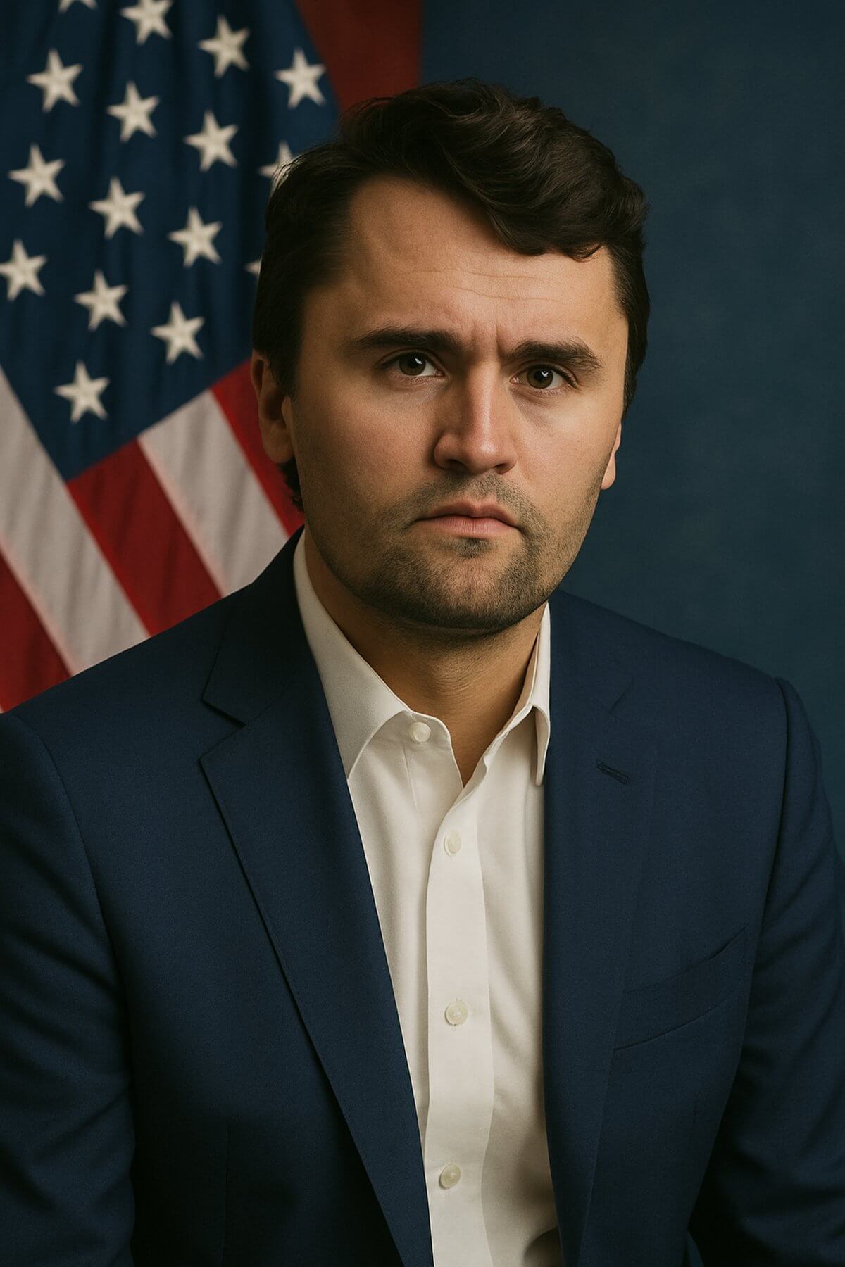 „Charlie Kirk fyrir framan bandaríska fánann – notað í frétt um áhrif og arfleifð hans eftir morðið.“